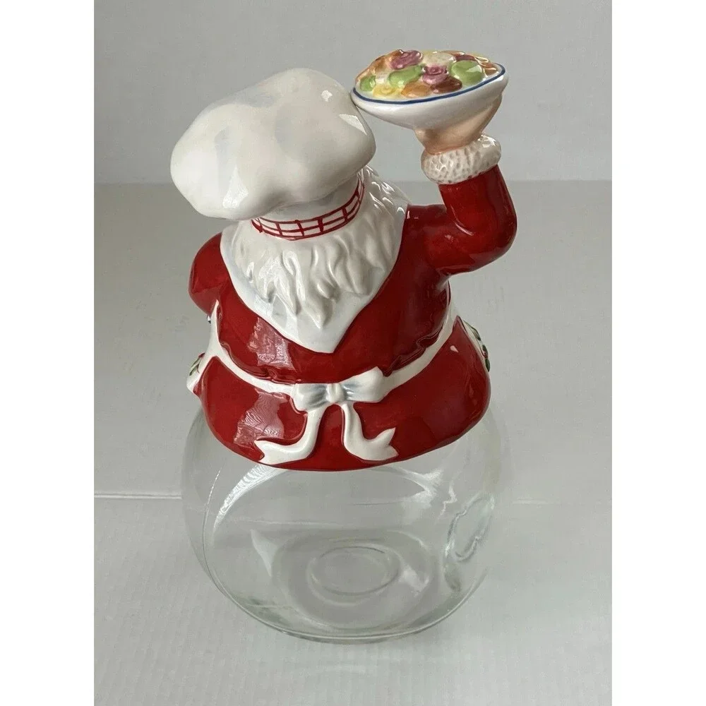 Santa Claus Cookie Jar With Clear Glass Base And Ceramic Santa On Top 12” Tall